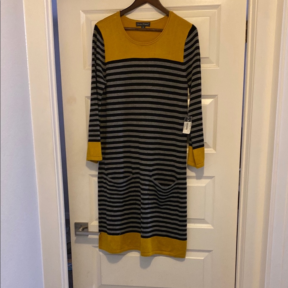 NWT Anthropologie Jessica Howard Gold Mustard Black Striped Sweater Dress M 8 10